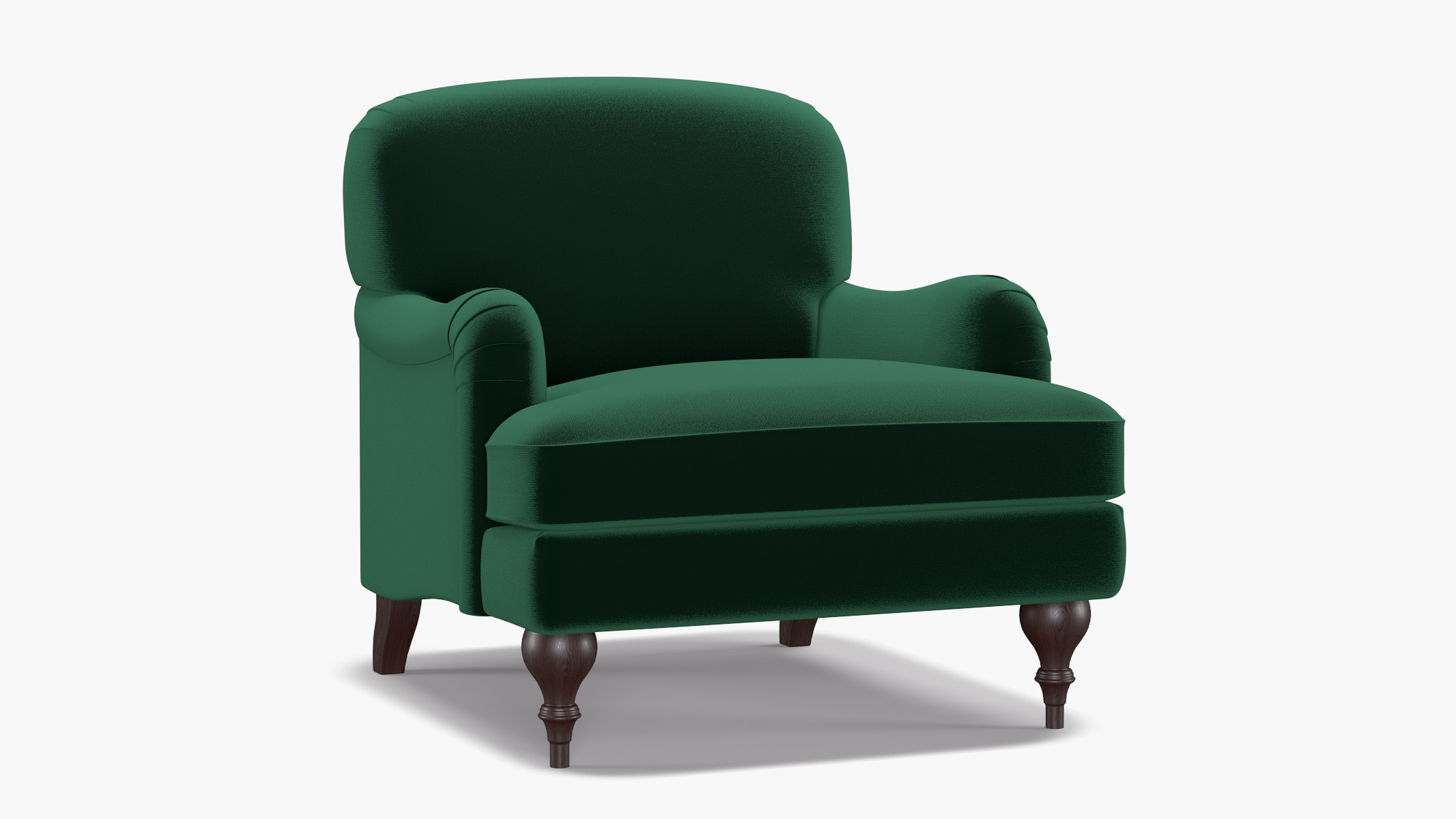 English Roll Arm Chair, Spruce Performance Plush Velvet, Espresso Turned Wood Leg - Image 1