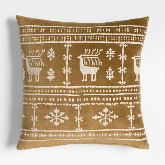 Fair Isle Embroidered Velvet 23"x23" Camel Tan Throw Pillow Cover - Image 0