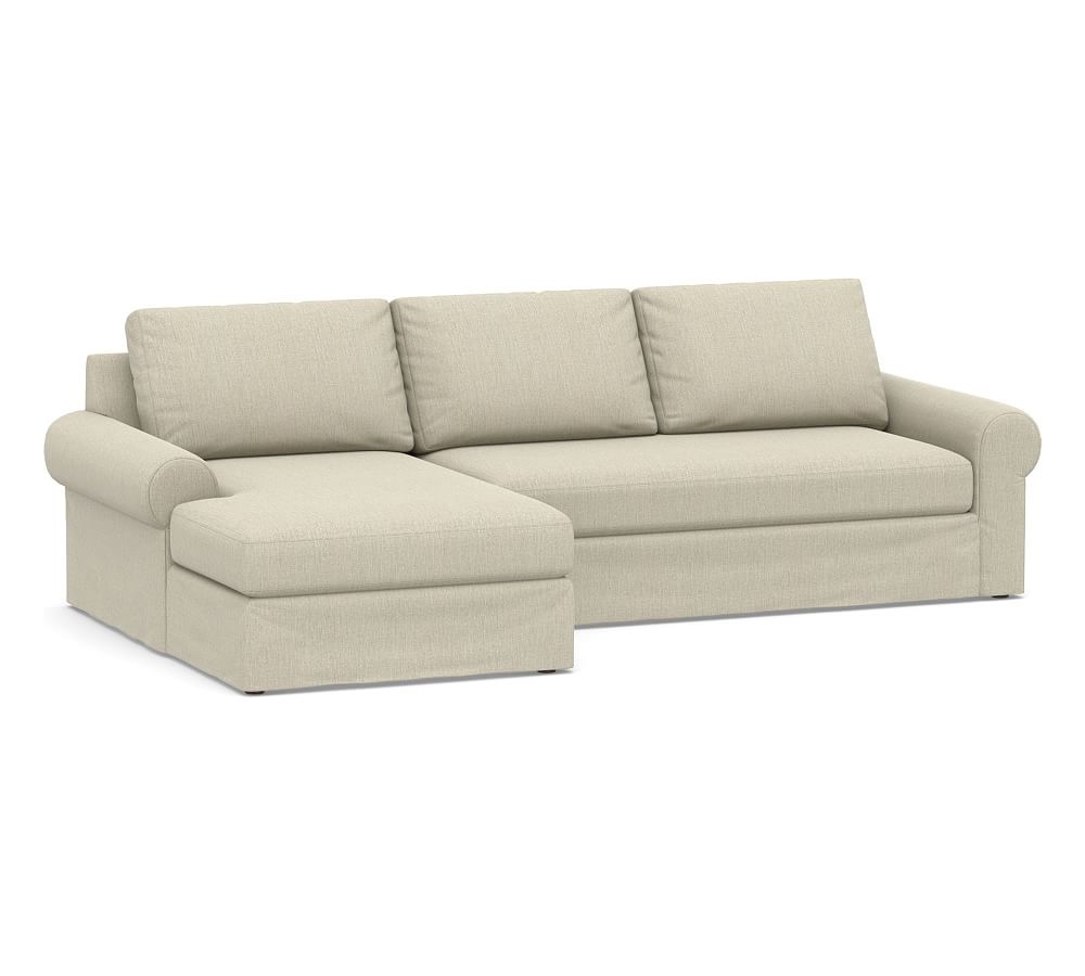 Big Sur Roll Arm Slipcovered Right Arm Loveseat with Chaise Sectional and Bench Cushion, Down Blend Wrapped Cushions, Chenille Basketweave Oatmeal - Image 0