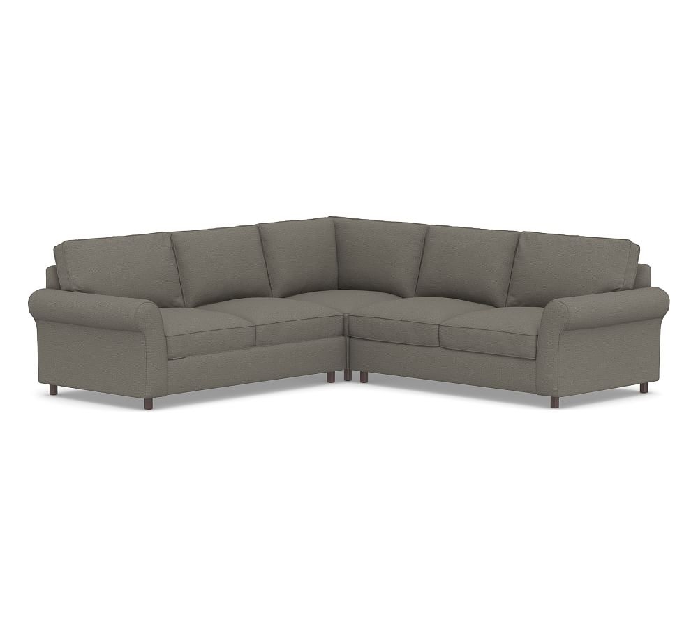 PB Comfort Roll Arm Upholstered 3-Piece L-Shaped Corner Sectional, Box Edge Down Blend Wrapped Cushions, Chunky Basketweave Metal - Image 0