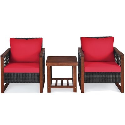 Ebern Designs 3pcs Patio Wicker Furniture Set Cushion Sofa Square Table Shelf Red - Image 0