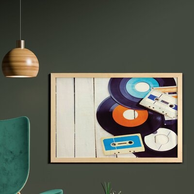 Ambesonne Indie Wall Art With Frame, Gramophone Records And Old Audio Cassettes On Wooden Table Nostalgia Music, Printed Fabric Poster For Bathroom Living Room Dorms, 35" X 23", Blue Orange Black - Image 0