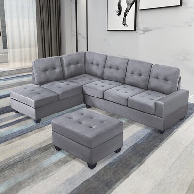 3 Piece Microfiber Sectional Sofa With Reversible Chaise Lounge Storage Ottoman And Cup Holders - Image 0