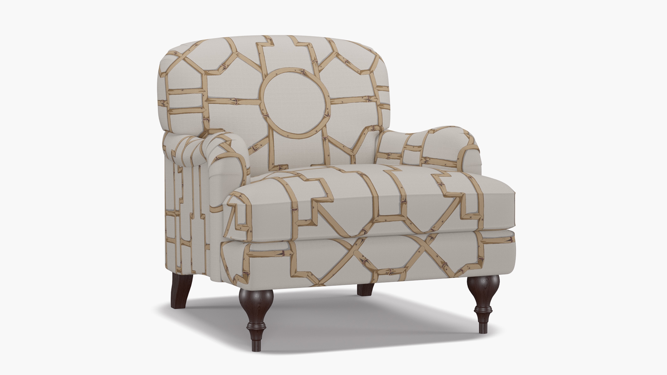 English Roll Arm Chair, Tan Baldwin Bamboo, Espresso Turned Wood Leg - Image 1