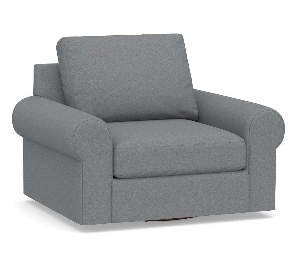 Big Sur Roll Arm Upholstered Swivel Armchair, Down Blend Wrapped Cushions, Textured Twill Light Gray - Image 0