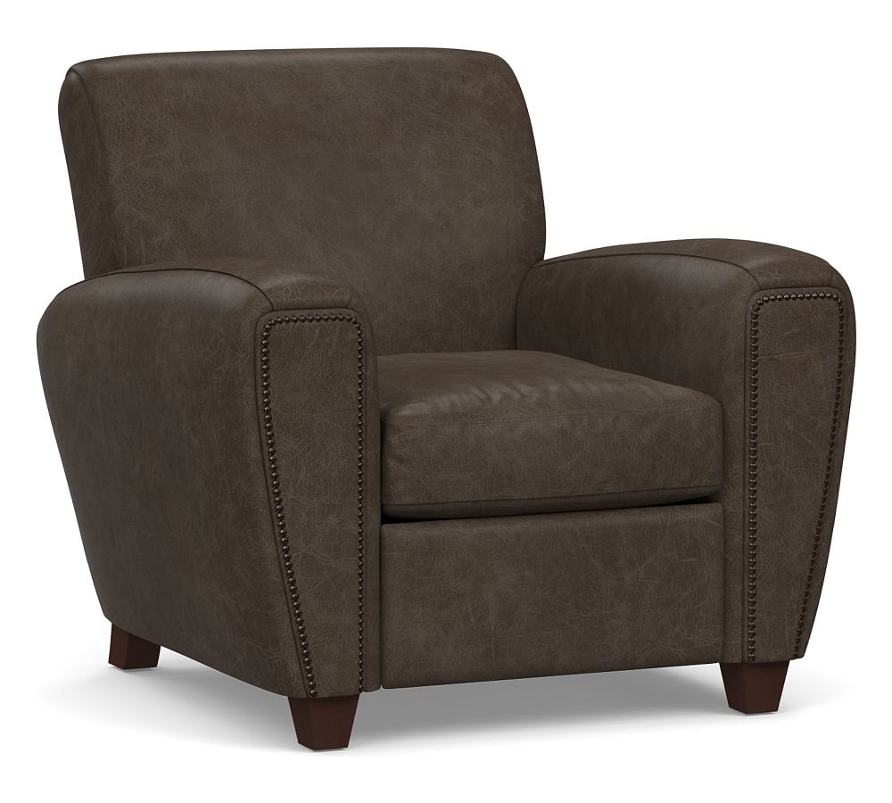 Manhattan Square Arm Leather Recliner with Bronze Nailheads, Polyester Wrapped Cushions, Statesville Wolf Gray - Image 0