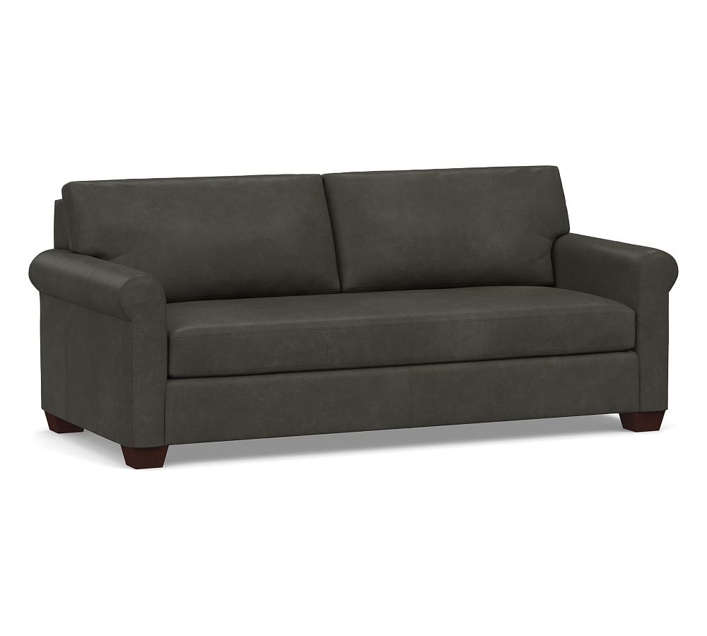 York Roll Arm Leather Sofa 83" with Bench Cushion, Polyester Wrapped Cushions, Churchfield Ebony - Image 0
