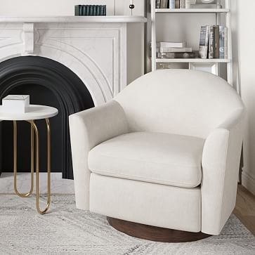 Haven Swivel Chair, Poly, Performance Coastal Linen, White, Dark Walnut - Image 1