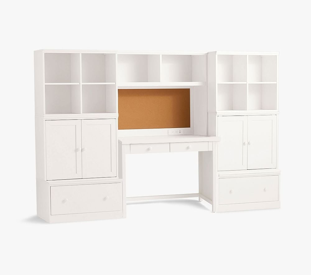 Cameron Desk + Tech Hutch + 2 Cubbies + 2 Cabinets + 2 Drawer Bases, Simply White, UPS - Image 0