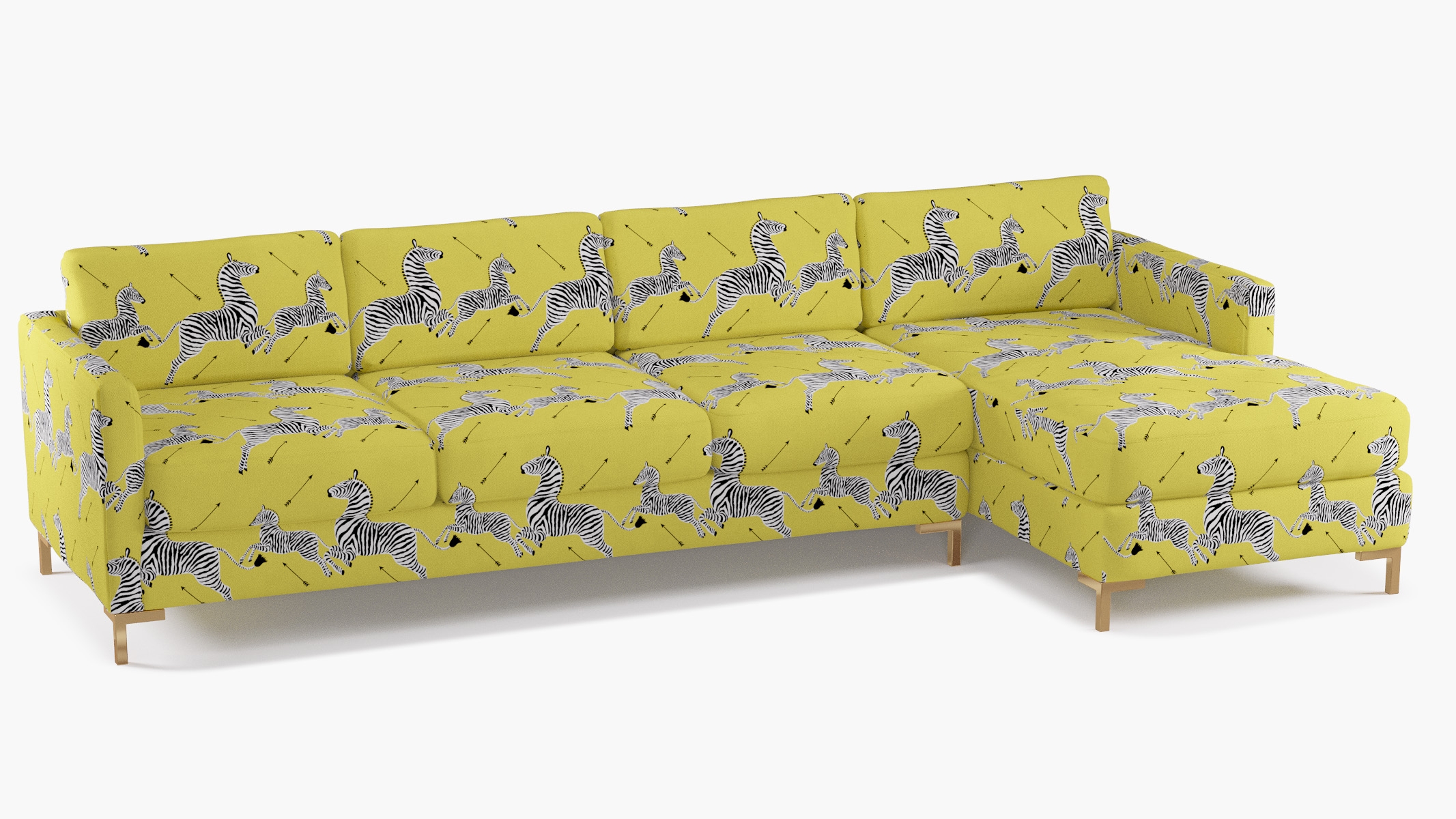 Modern Sectional, Right Facing, Yellow Zebra, Brass L Leg - Image 1