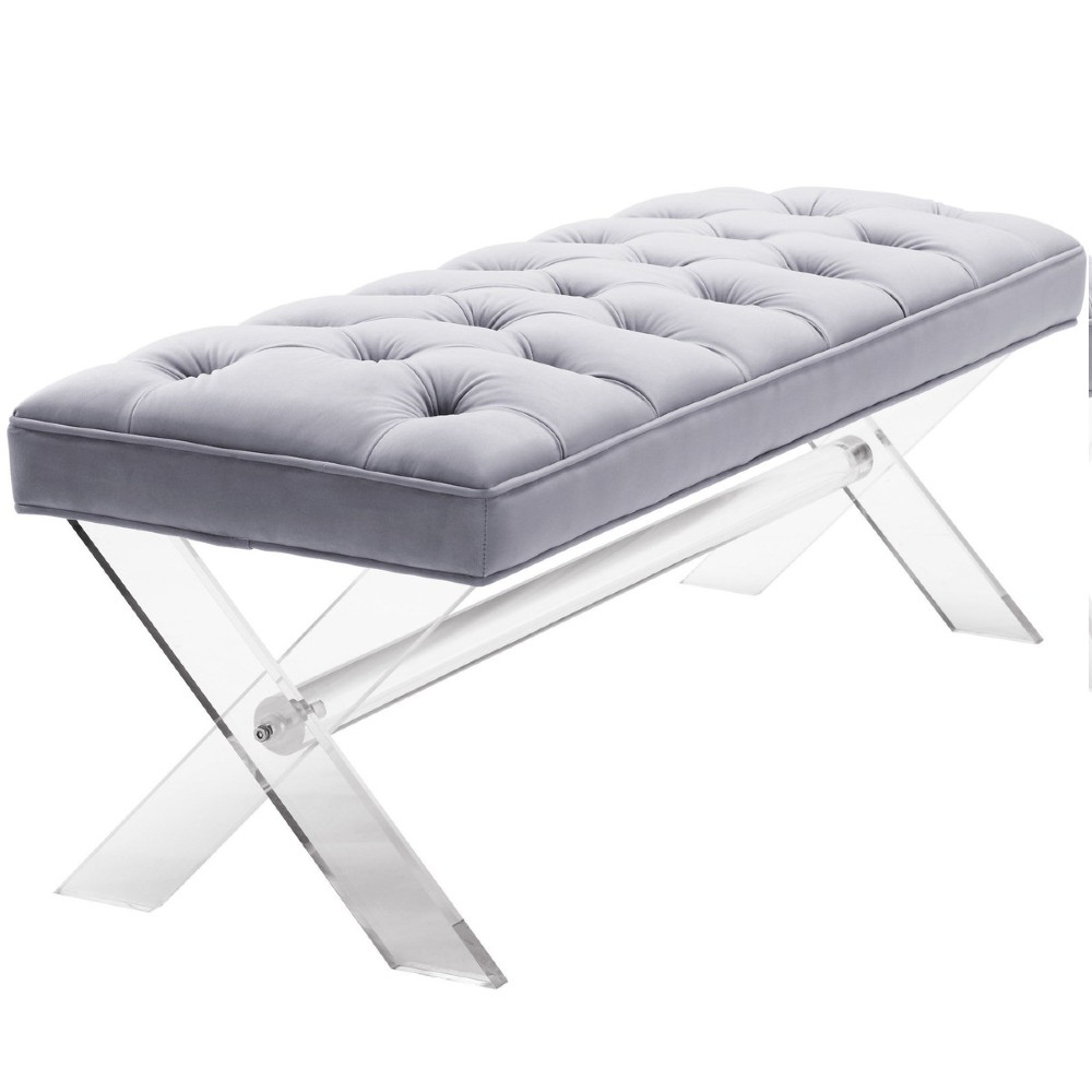 Claire Modern Classic Grey Velvet Upholstered Acrylic Bench - Image 2