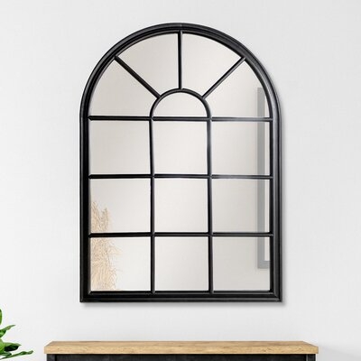 Window Pane Wooden Frame Floor Mirror With Arched Top, Black - Image 0