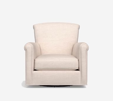 Irving Roll Arm Upholstered Swivel Armchair Without Nailheads, Polyester Wrapped Cushions, Performance Heathered Basketweave Navy - Image 2