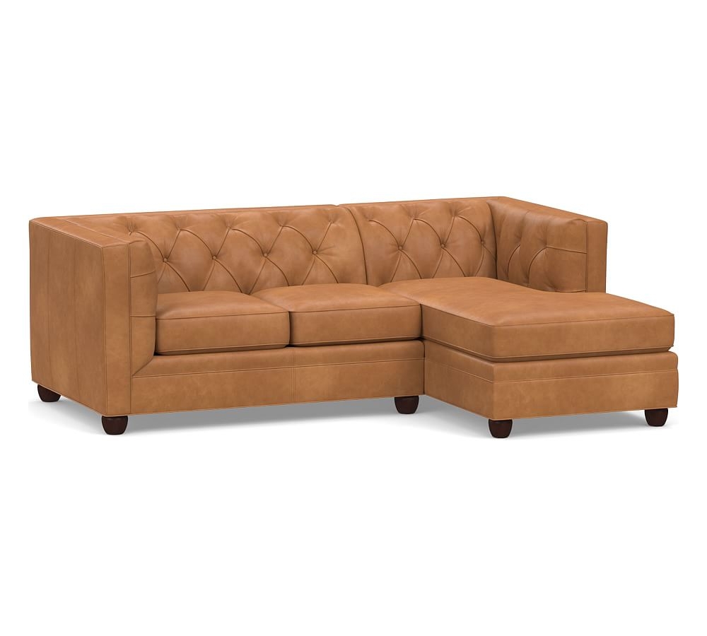 Chesterfield Square Arm Leather Left Arm 2-Piece Sectional With Chaise, Polyester Wrapped Cushions, Churchfield Camel - Image 0