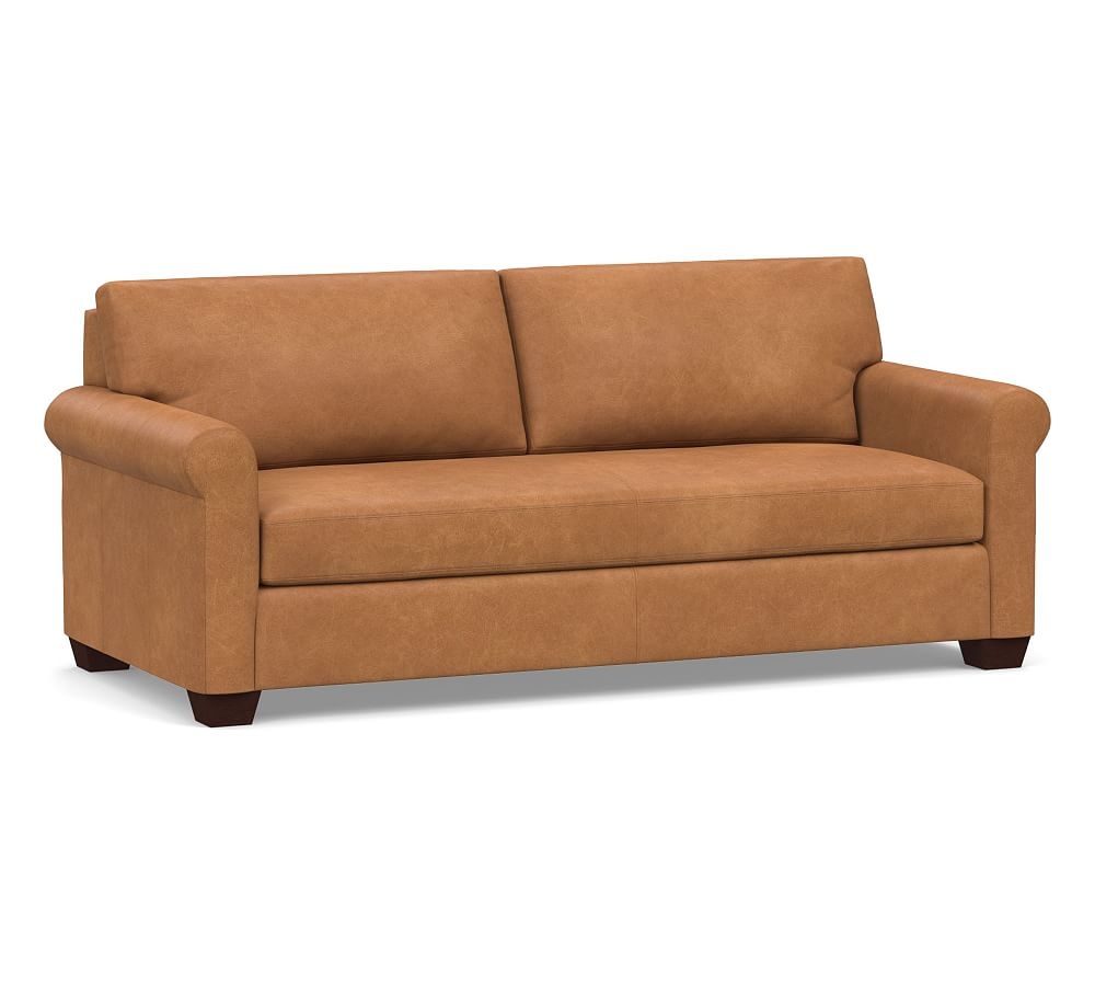 York Roll Arm Leather Sofa 83" with Bench Cushion, Polyester Wrapped Cushions, Churchfield Camel - Image 0