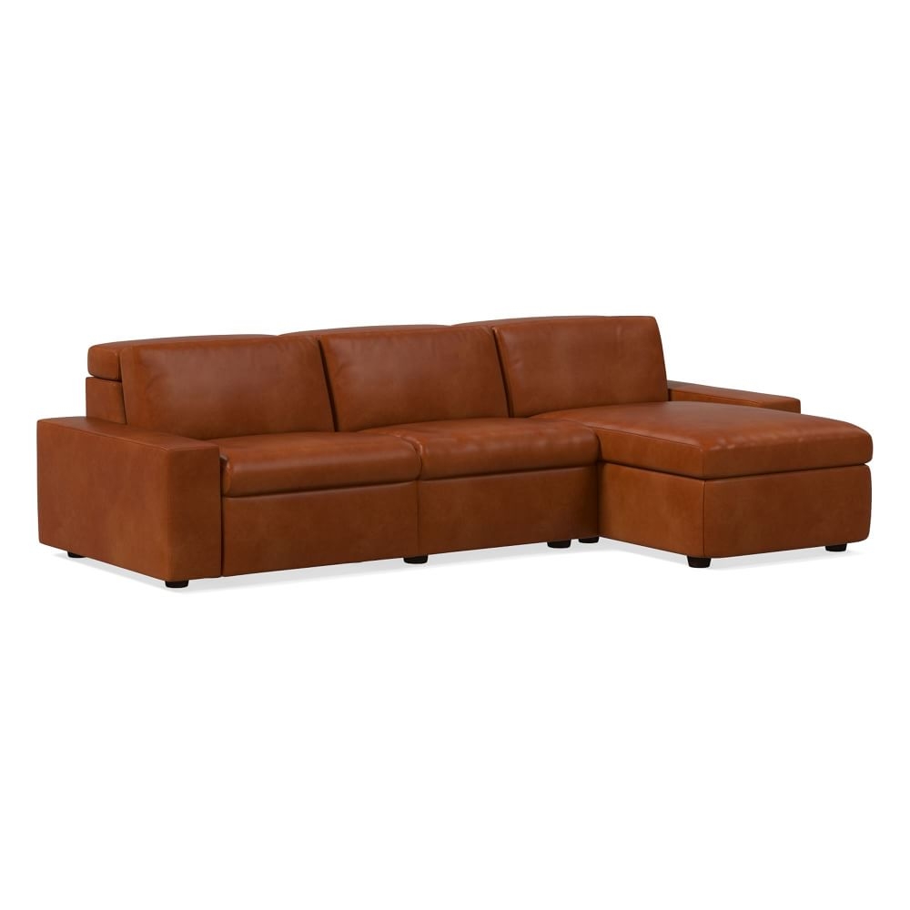 Enzo 108" 3-Piece Reclining Chaise Sectional w/ Storage, Two Basic Arms, Saddle Leather, Nut - Image 0