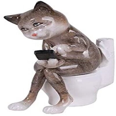 Lazy Cat Figurine, Hiding Inside the Restroom to Play with Cell Phone on Top of Toilet - Image 0