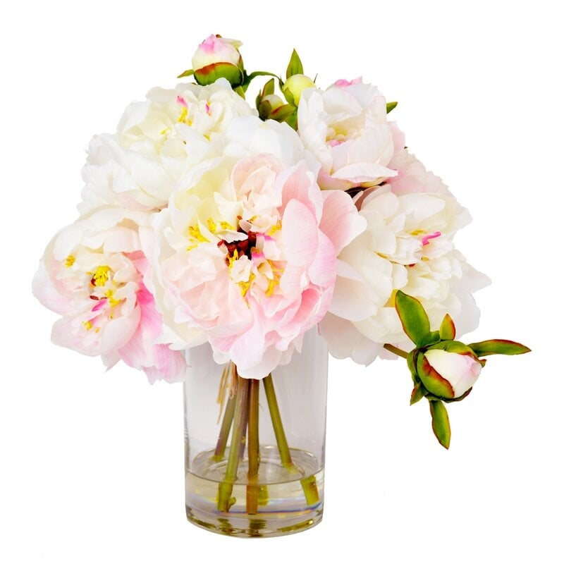 Faux Cream & Pink Peony Floral Arrangement in Vase - Image 0
