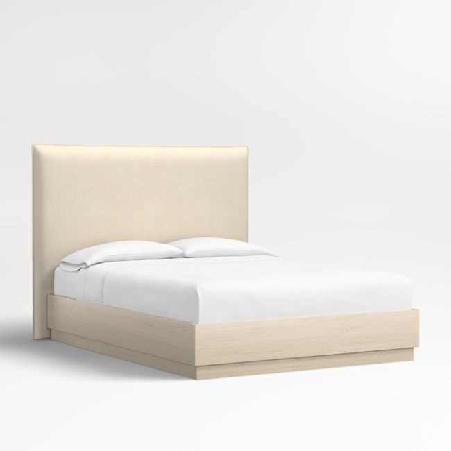 Arvada 54" Ivory Upholstered Queen Headboard with Batten White Oak Bed Base - Image 0