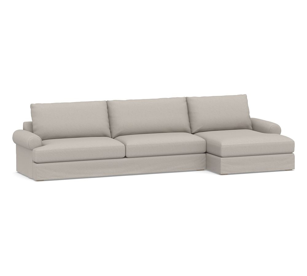Canyon Roll Arm Slipcovered Left Arm Sofa with Double Chaise Sectional, Down Blend Wrapped Cushions, Chunky Basketweave Stone - Image 0