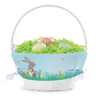 Boy Bunny Meadow Lined Easter Basket With Custom Name Printed In Blue Letters On White Woven Basket With Collapsible Handle - Image 0