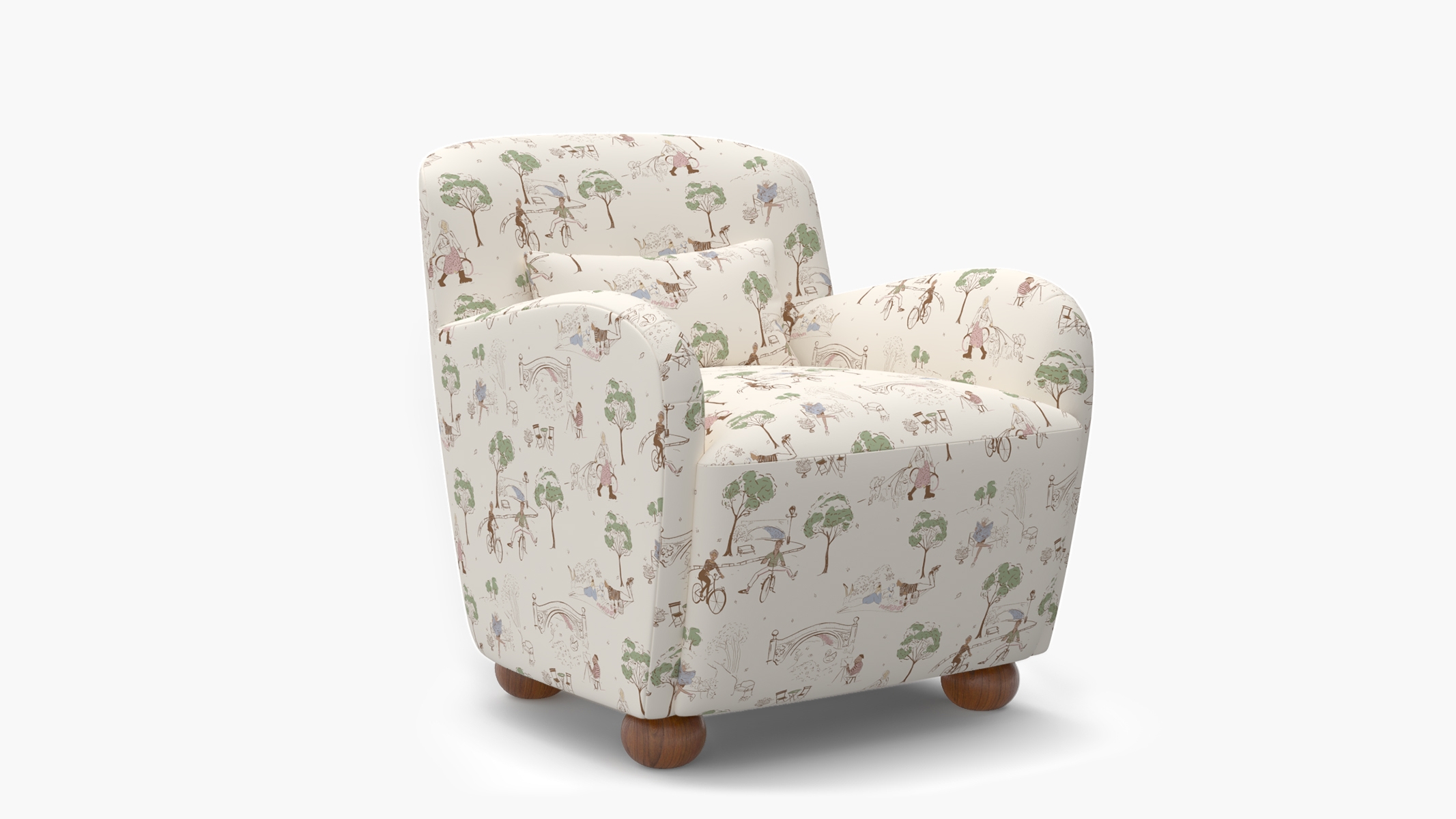 Club Chair, Multi Central Park Toile, Walnut Bun Foot - Image 1