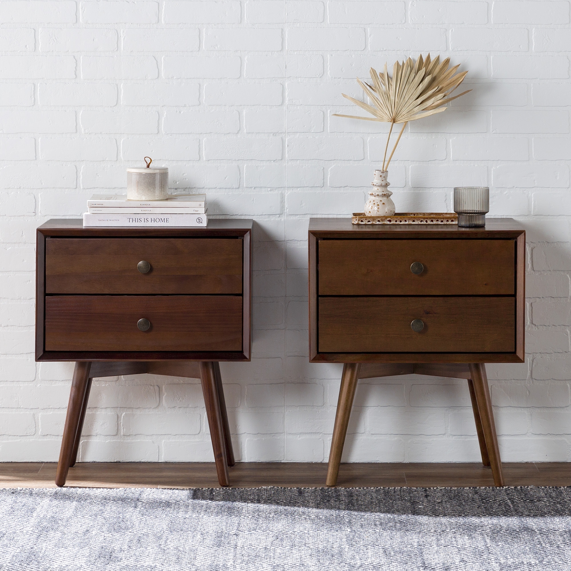 Mid Century Modern 2-Piece 2 Drawer Solid Wood Nightstand Set - Walnut - Image 3