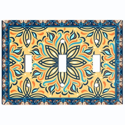 Metal Light Switch Plate Outlet Cover (Yellow Sun Flower Blue Frame   - Triple Toggle) - Image 0