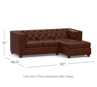 Chesterfield Square Arm Leather Left Arm 2-Piece Sectional With Chaise, Polyester Wrapped Cushions, Churchfield Camel - Image 1
