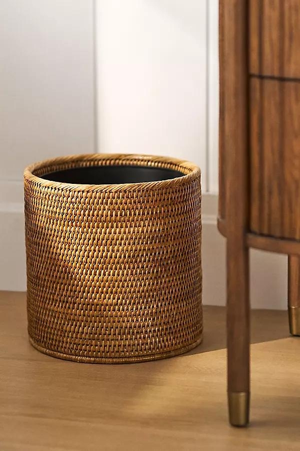 Handwoven Rattan Round Waste Basket with Metal Liner - Image 0