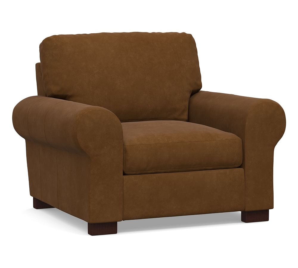 Turner Roll Arm Leather Small Armchair 42", Down Blend Wrapped Cushions, Aviator Umber - Image 0