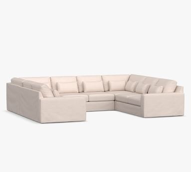 Big Sur Square Arm Slipcovered Deep Seat U-Loveseat Sectional, Down Blend Wrapped Cushions, Belgian Linen Light Gray - Image 1
