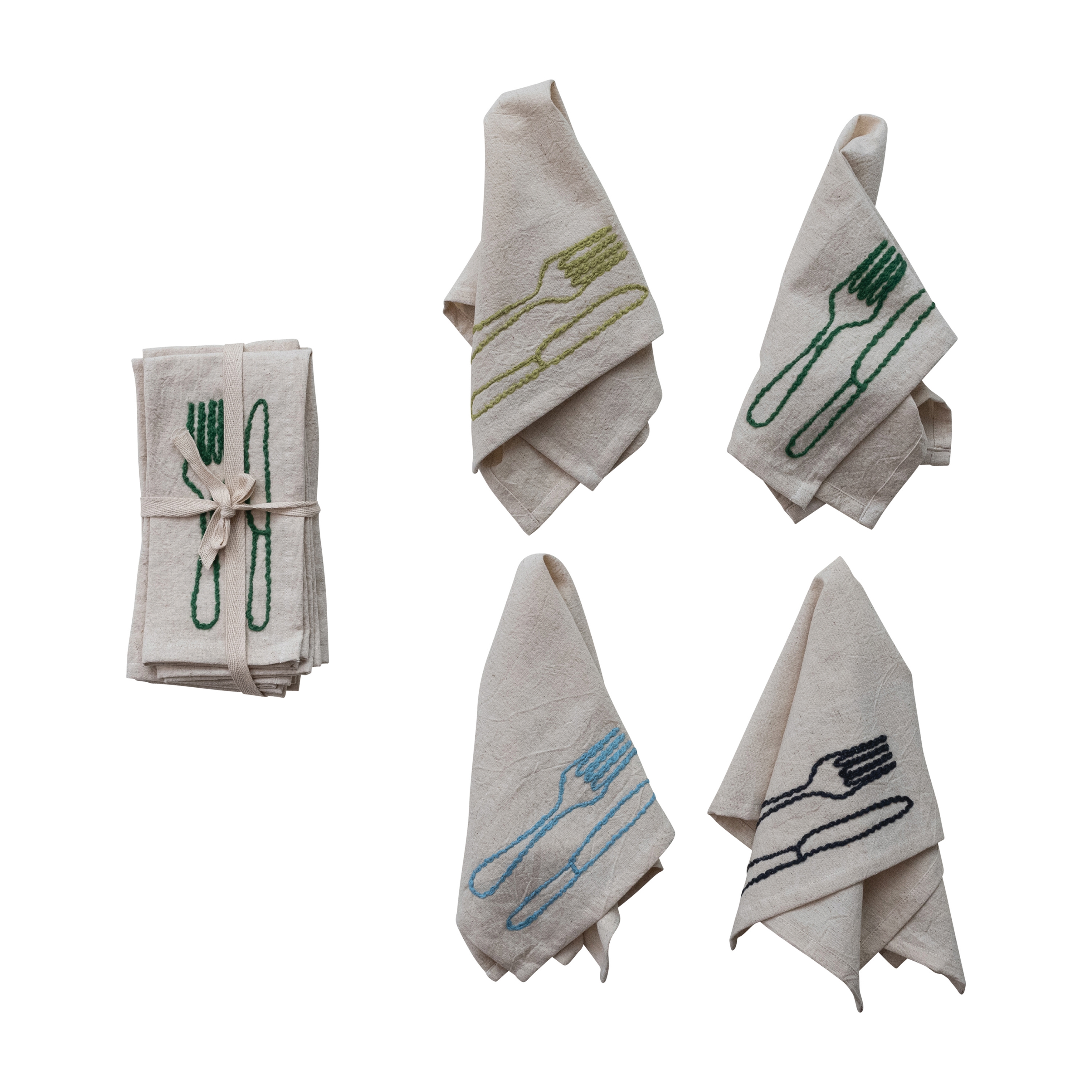 4-Piece Square Cotton and Linen Embroidered Napkins with Utensils, Natural - Image 0
