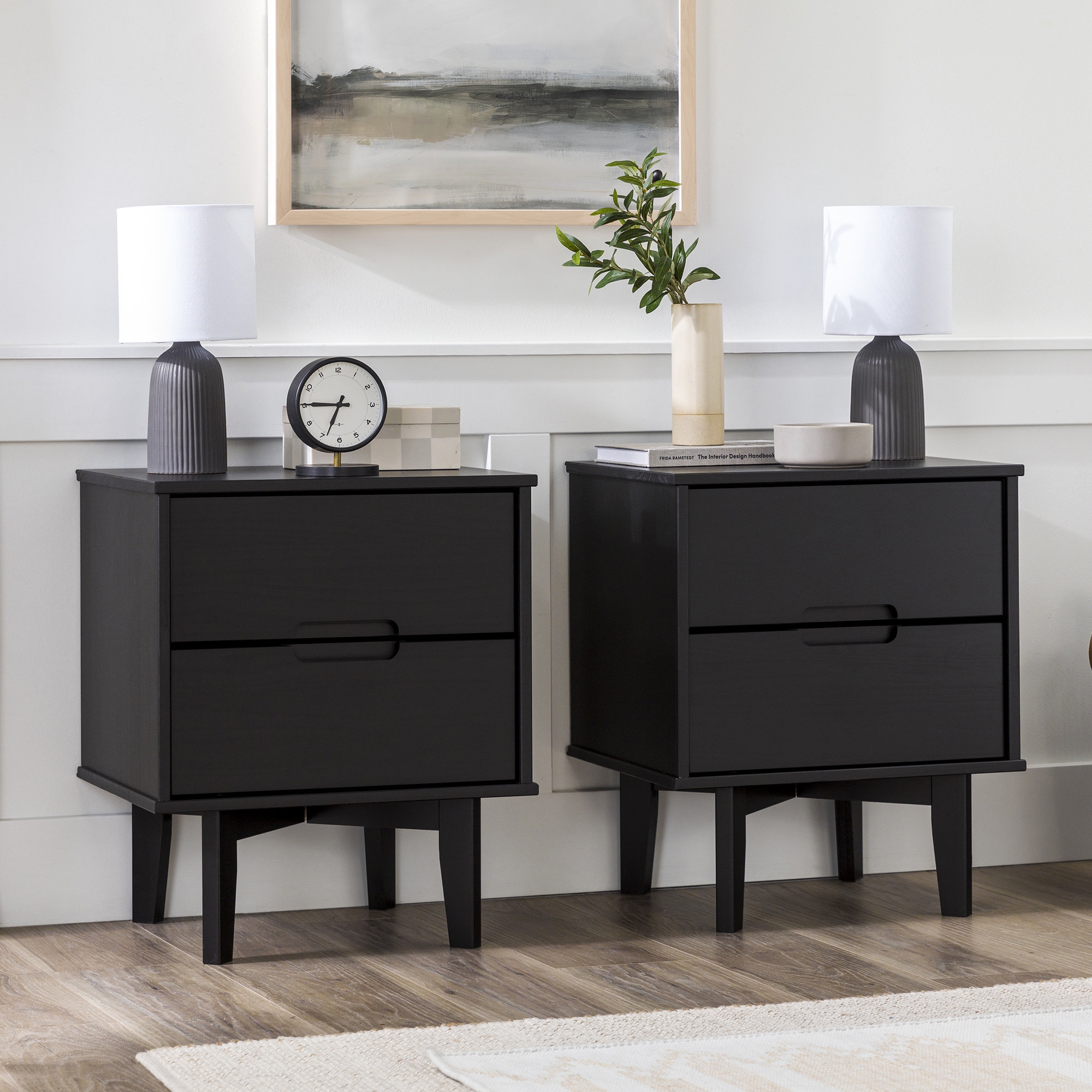 2-Drawer Groove Handle Solid Wood Nightstand - 2PK - Black - Image 6
