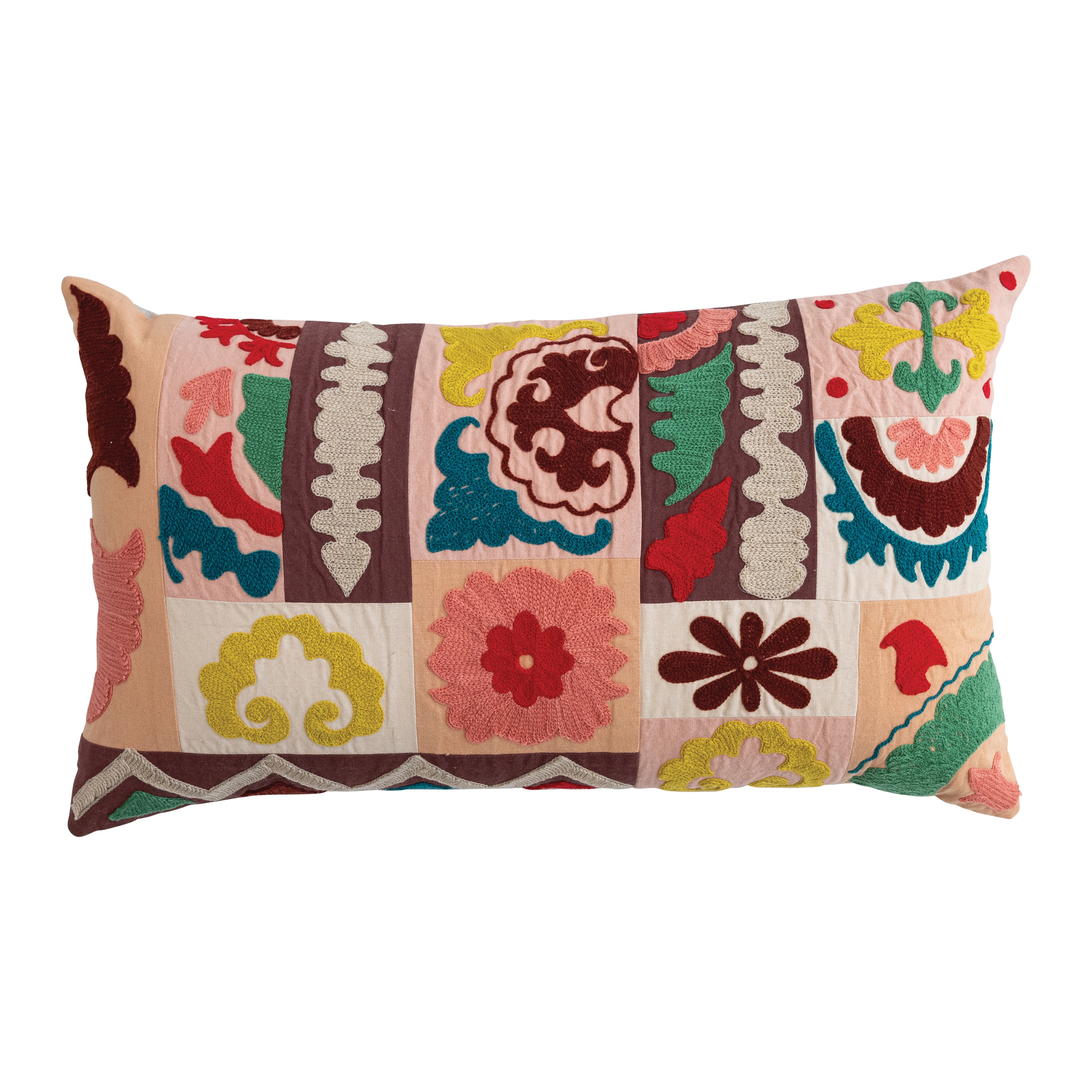 Cotton Embroidered Patchwork Lumbar Pillow with Chambray Back, Multicolor - Image 0