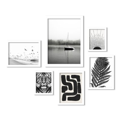 Contemporary Abstract Black and White Boat in Fog by Tanya Shumkina - 6 Piece Picture Frame Print Set on Paper - Image 0