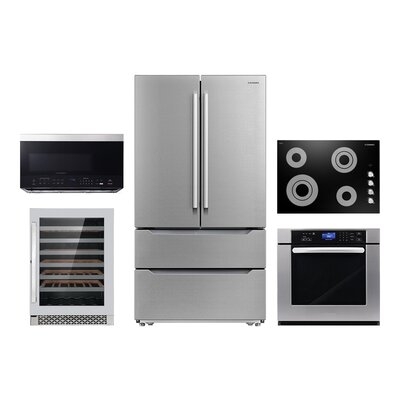 5 Piece Kitchen Package With 30" Electric Cooktop 30" Single Electric Wall Oven 30" Over-the-range Microwave Energy Star French Door Refrigerator & 48 Bottle Wine Refrigerator - Image 0