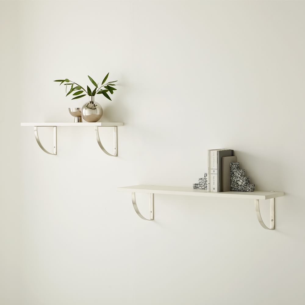 Linear White Lacquer Shelf 2FT, Arch Brackets in Brushed Nickel - Image 0