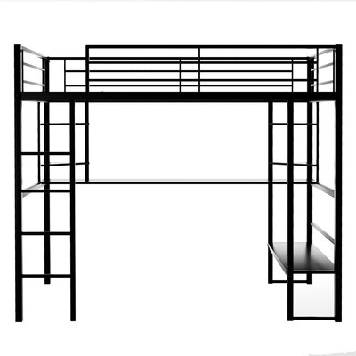 Full Size Loft Metal&mdf Bed With Long Desk And Shelves,black - Image 0