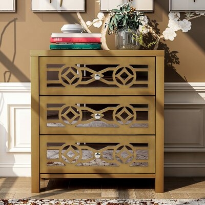 Wooden Storage Cabinet With 3 Drawers And Decorative Mirror, Natural Wood (Gold) - Image 0