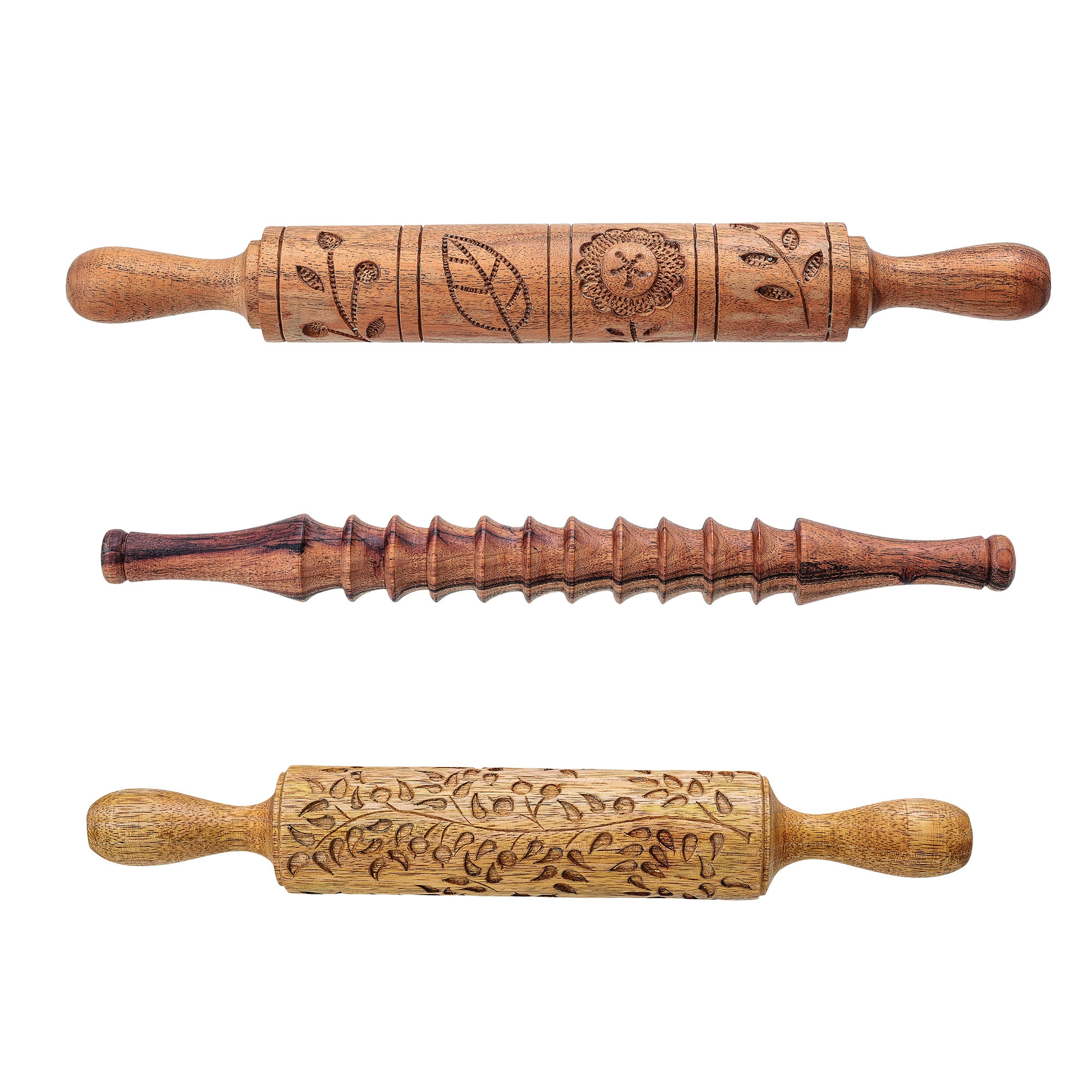 Hand-Carved Wood Rolling Pin, Set of 3 Styles - Image 0