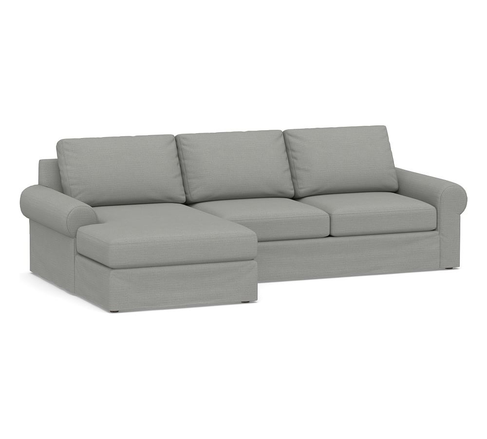 Big Sur Roll Arm Slipcovered Right Arm Loveseat with Chaise Sectional, Down Blend Wrapped Cushions, Sunbrella(R) Performance Slub Tweed Ash - Image 0