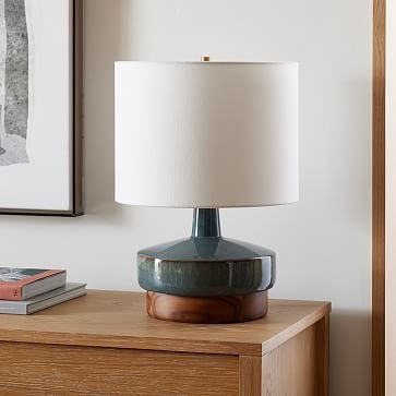 Wood and Ceramic Table Lamp Reactive Dark Blue White Linen (17") - Image 0