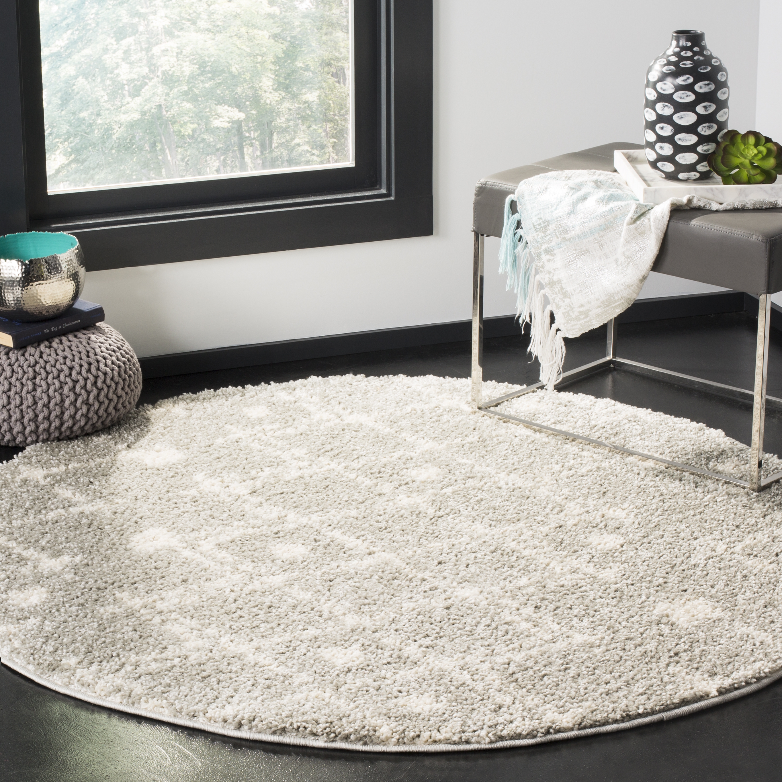 Arlo Home Woven Area Rug, BER164B, Light Grey/Cream,  5' 1" X 5' 1" Round - Image 1