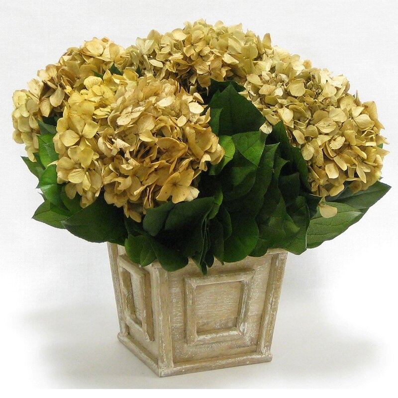 Bougainvillea Hydrangea Floral Centerpiece in Wooden Square Mini Container - Image 0