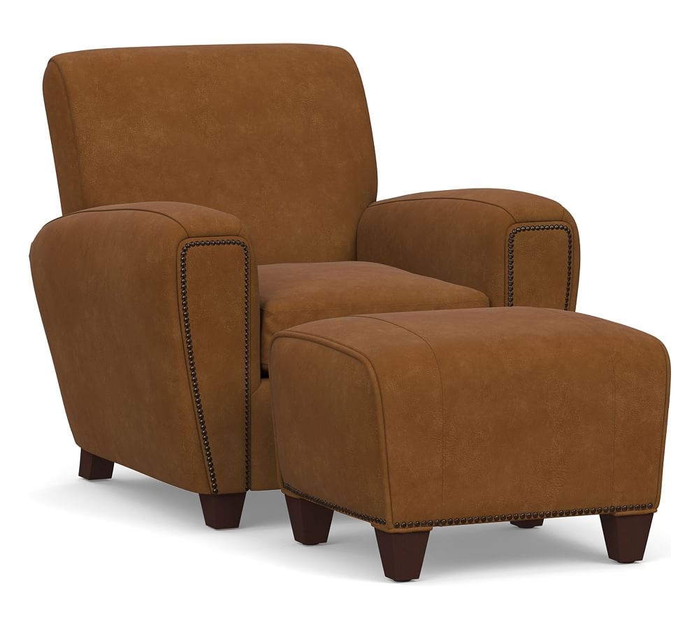 Manhattan Square Arm Leather Armchair & Ottoman with Bronze Nailheads, Polyester Wrapped Cushions, Nubuck Caramel - Image 0