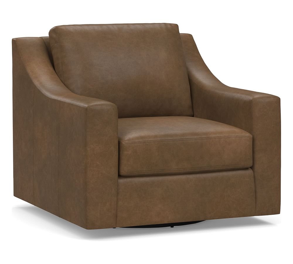 York Slope Arm Leather Swivel Armchair, Polyester Wrapped Cushions, Churchfield Chocolate - Image 0