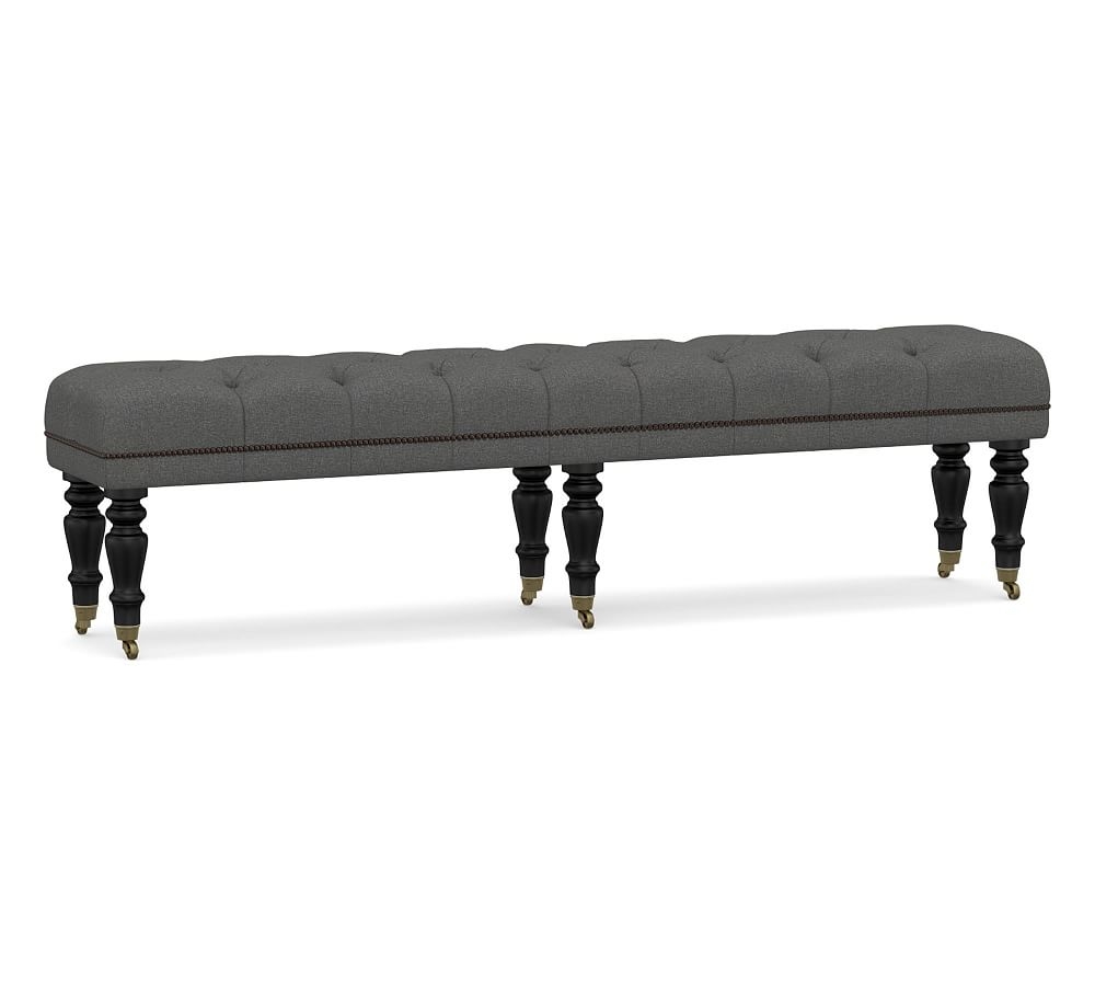 Raleigh Upholstered Tufted King Bench with Black Legs & Bronze Nailheads, Park Weave Charcoal - Image 0