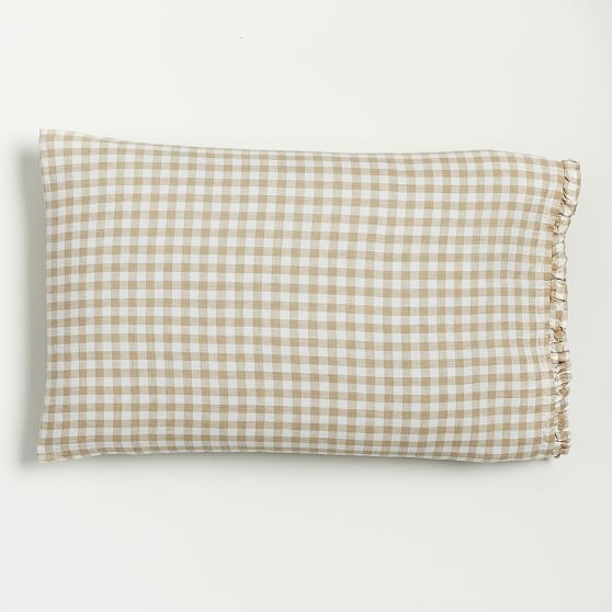HTH Mini Gingham Euro Linen Ruffle Sheet Set, King Set of 2 Pillowcases, Almond - Image 0