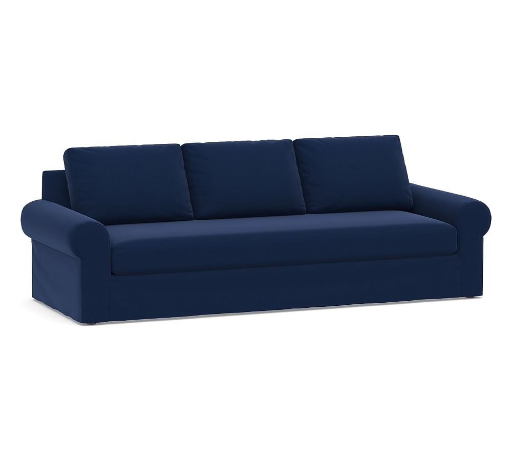 Big Sur Roll Arm Slipcovered Grand Sofa with Bench Cushion, Down Blend Wrapped Cushions, Performance Everydayvelvet(TM) Navy - Image 0